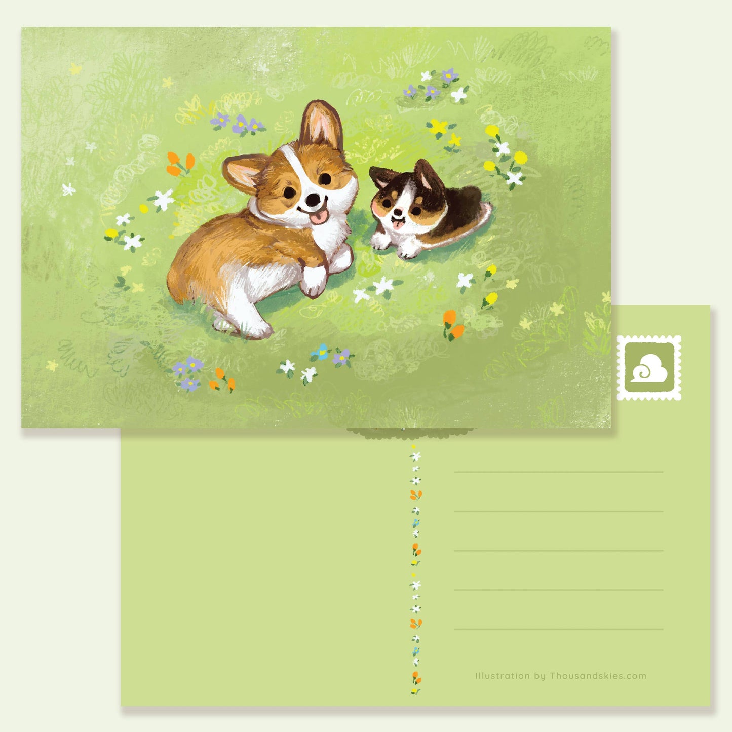 Postcard Corgis in Spring