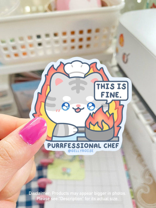 This is Fine Purrfessional Chef Kitty Waterproof Sticker: Glossy waterproof / Grey cat