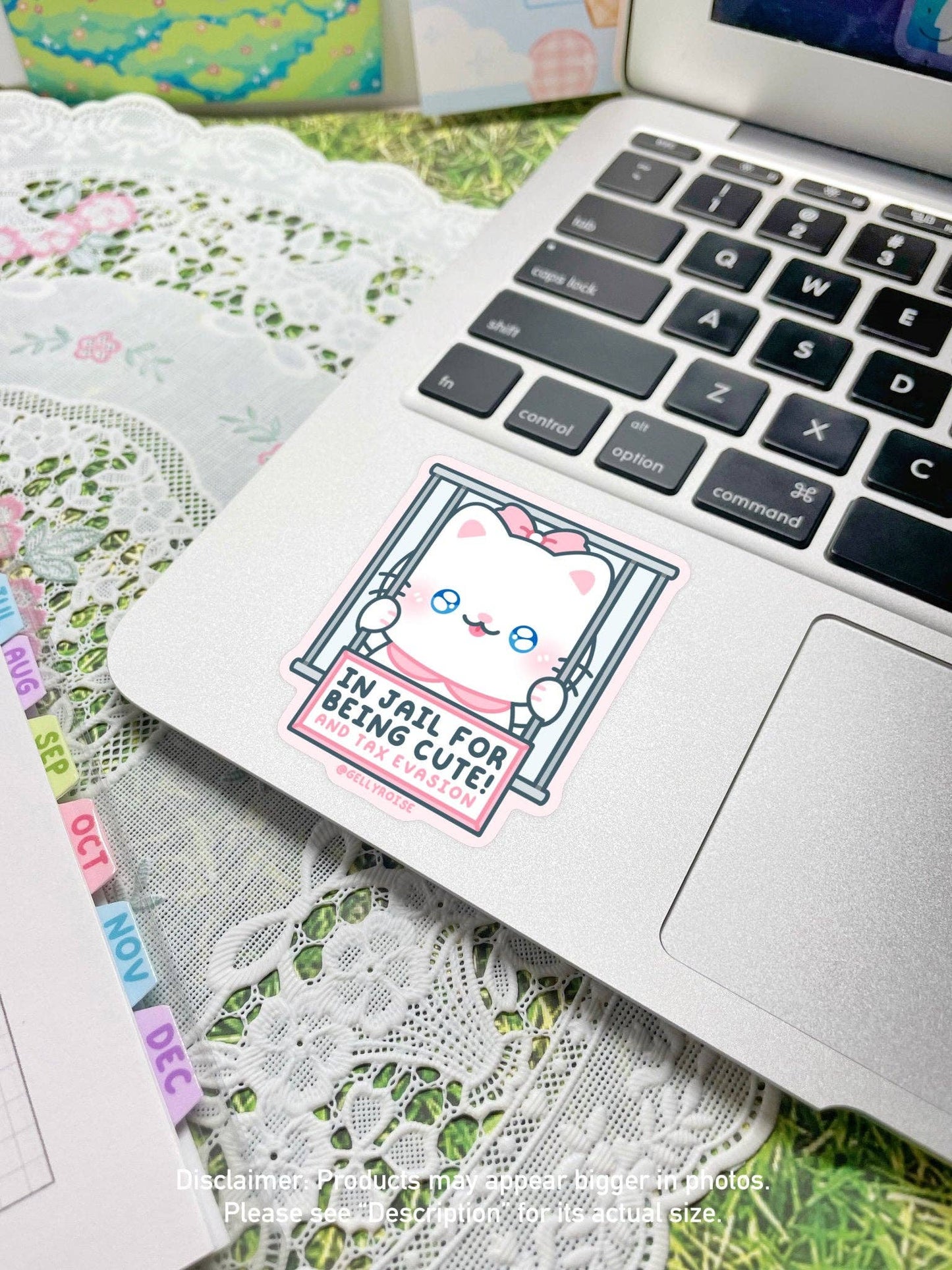 Cat in Jail for Being Cute & Tax Evasion Waterproof Sticker: Glossy waterproof